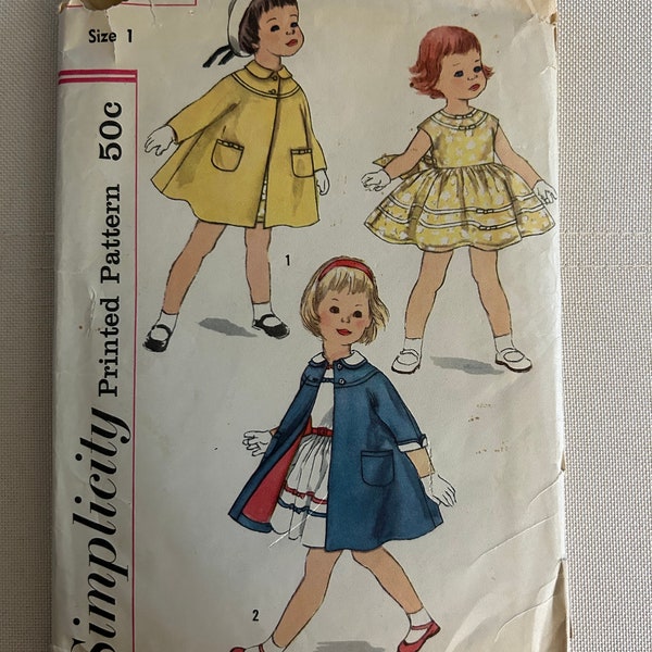 Vintage 1960's Simplicity Sewing Pattern 2396 Toddlers' One Piece Dress & Swing Coat Size 1 Breast 20"