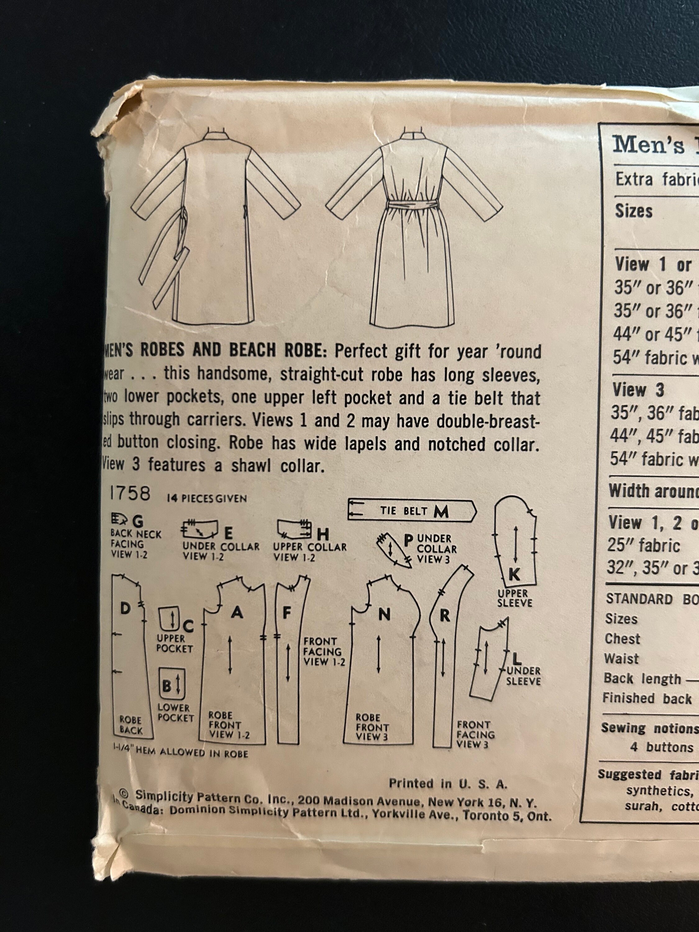 Simplicity Robe Pattern Vintage 1956 Simplicity Sewing Pattern 1758 Men's Robes & Beach Robe ...