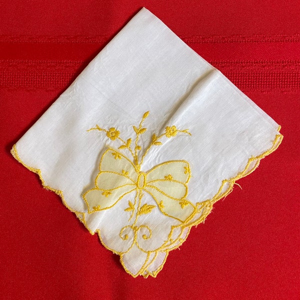 Vintage Hanky White with Yellow Embroidery and Embellished with Sheer Yellow Bow 1950's