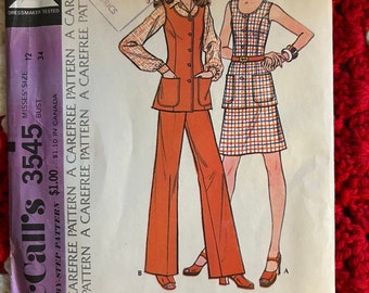 Vintage 1973 McCall's Pattern 3545 Misses 'ärmellose Jacke, Rock & Hose Größe 12 Büste 34 "Ein sorgloses Muster UNCUT