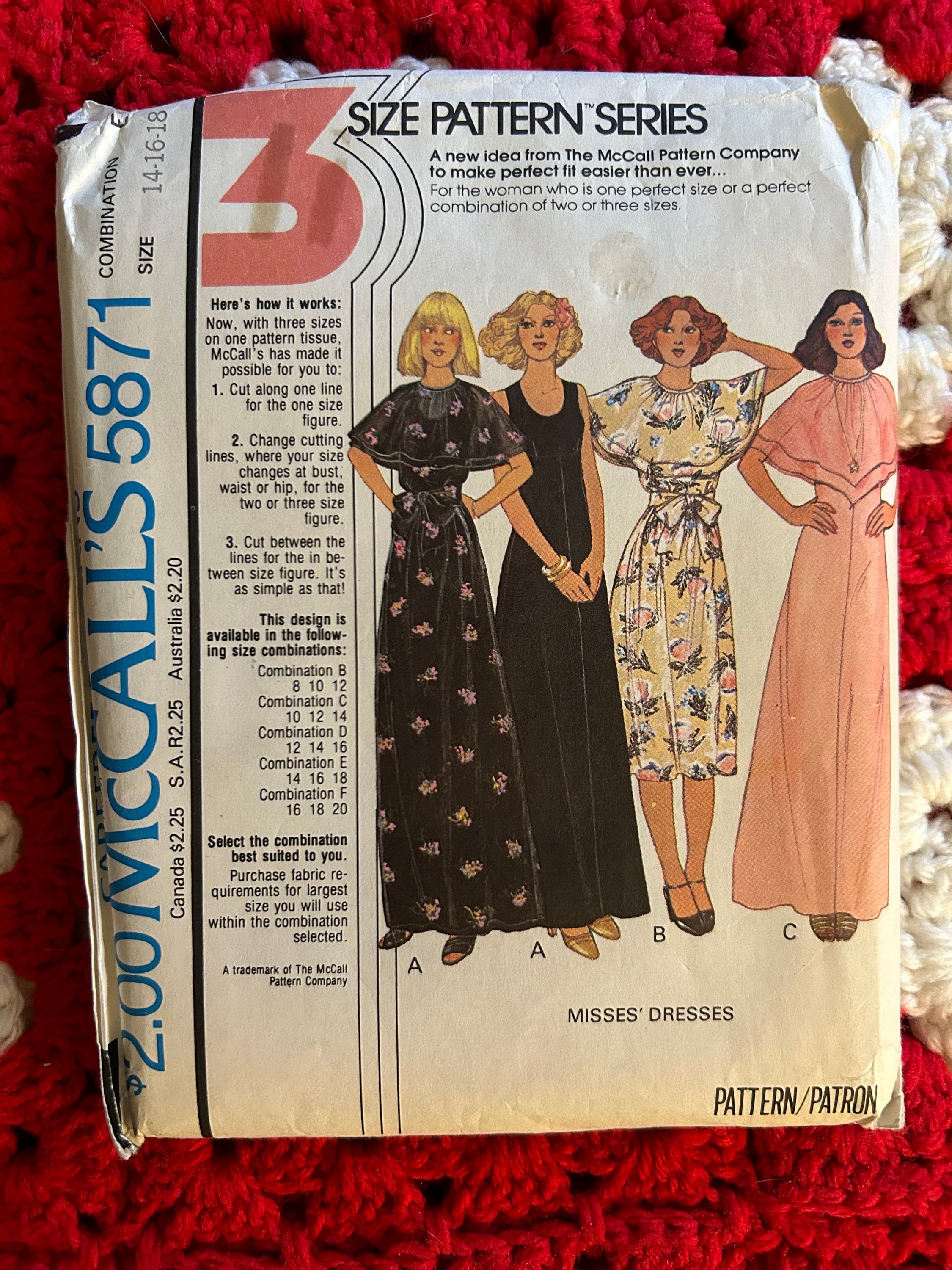Vintage 1977 Mccall's Sewing Pattern 5871 Misses' Dresses Size 14