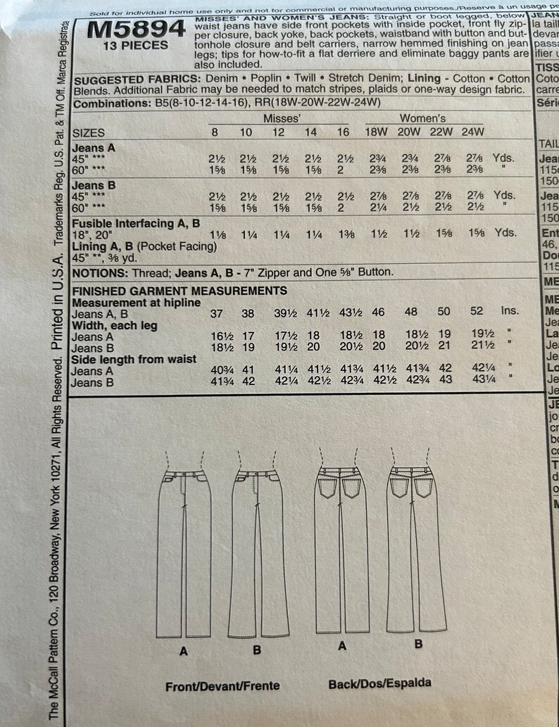 2009 Mccall's Sewing Pattern M5894 Palmer/pletsch Classic Fit the ...
