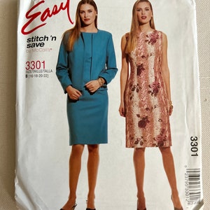 以下が含まれることがあります： ドレスとジャケットの縫製パターンです。パターン名は「Easy stitch 'n save」で、McCall's製です。パターンの番号は3301です。サイズはB（16-18-20-22）です。