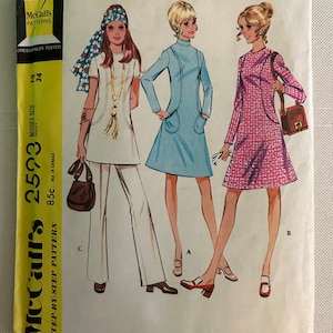 Vintage 1970 McCall’s Sewing Pattern 2593 Misses’ Dress or Top & Side Zip Pants Size 12 Bust 34” Long or Short Sleeves UNCUT