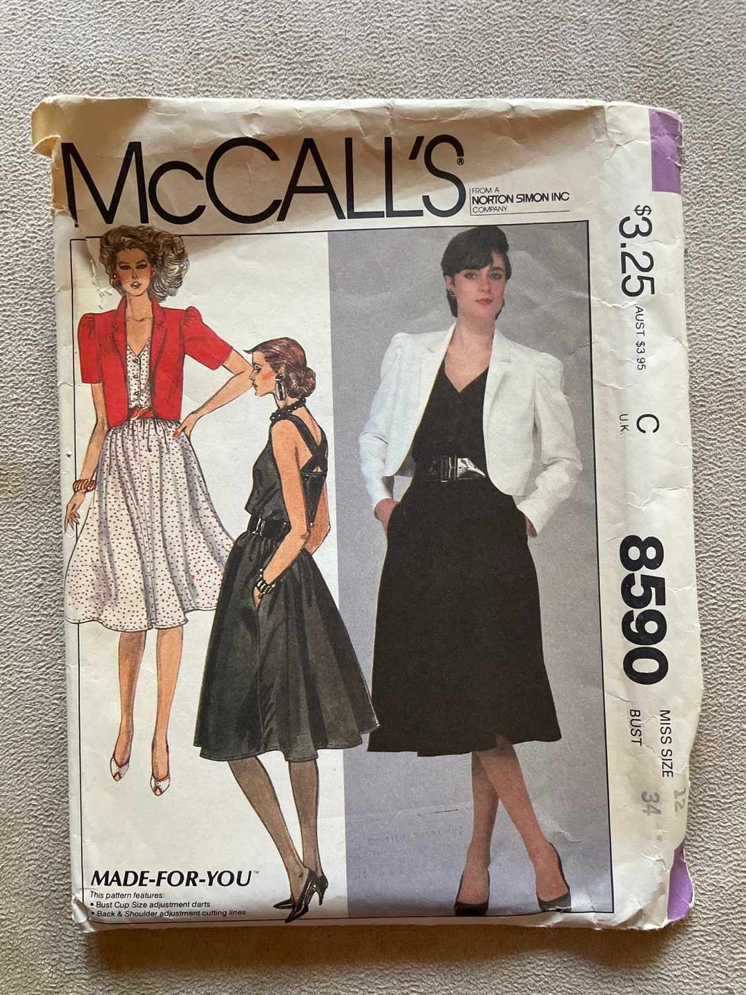 Vintage 1983 Mccall's Sewing Pattern 8590 Misses' Cropped Jacket and ...