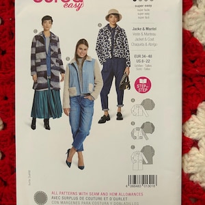 May include: Burda Easy sewing pattern number 5855 for a jacket or coat. The pattern includes instructions for sizes US 8-22 and EUR 34-48. The pattern is labeled "super easy" and includes a step-by-step guide.
