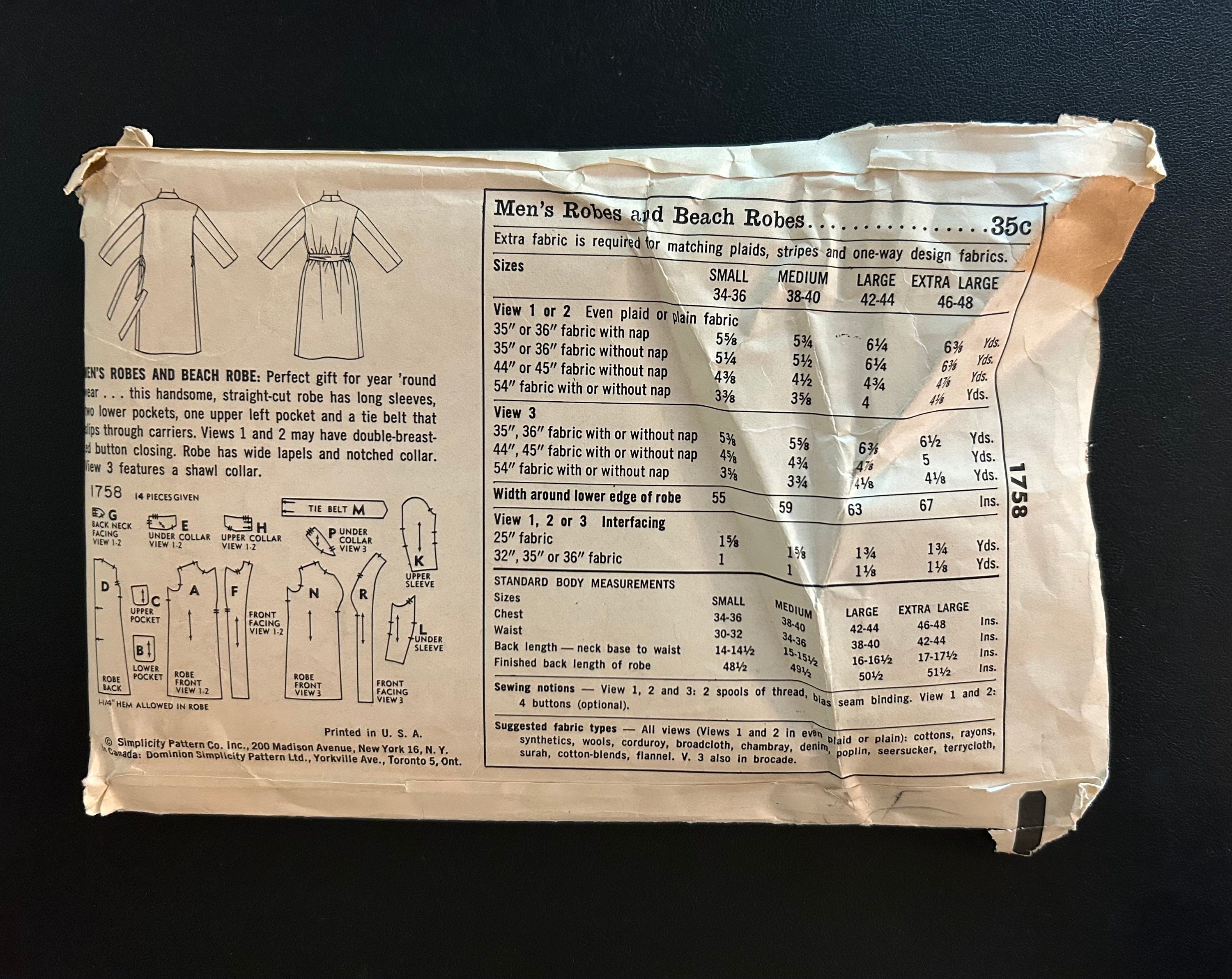 Vintage 1956 Simplicity Sewing Pattern 1758 Men's Robes & Beach Robe ...