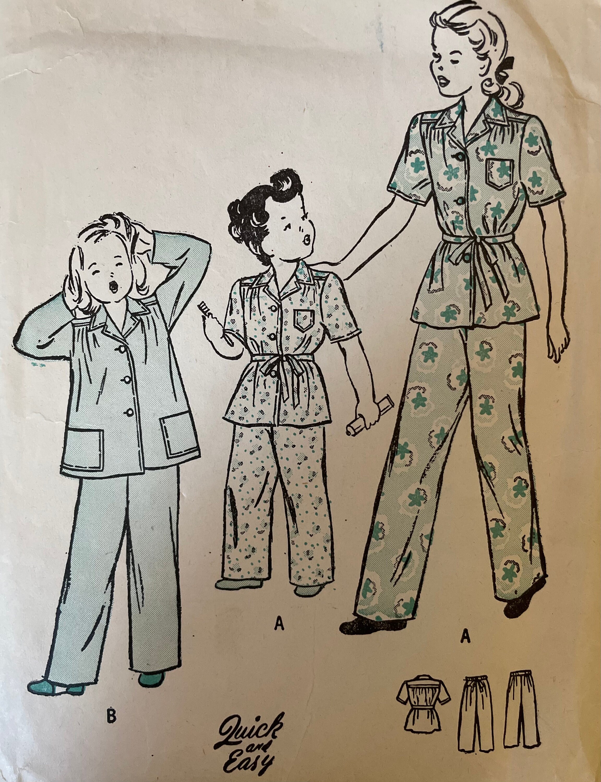 Vintage 1946 Butterick Sewing Pattern 3948 Girls' Two-piece Pajamas Pjs ...