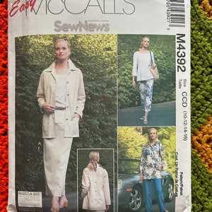 May include: A sewing pattern for a jacket and pants. The pattern is for sizes 10-12-14-16. The pattern is from McCall's SewNews.