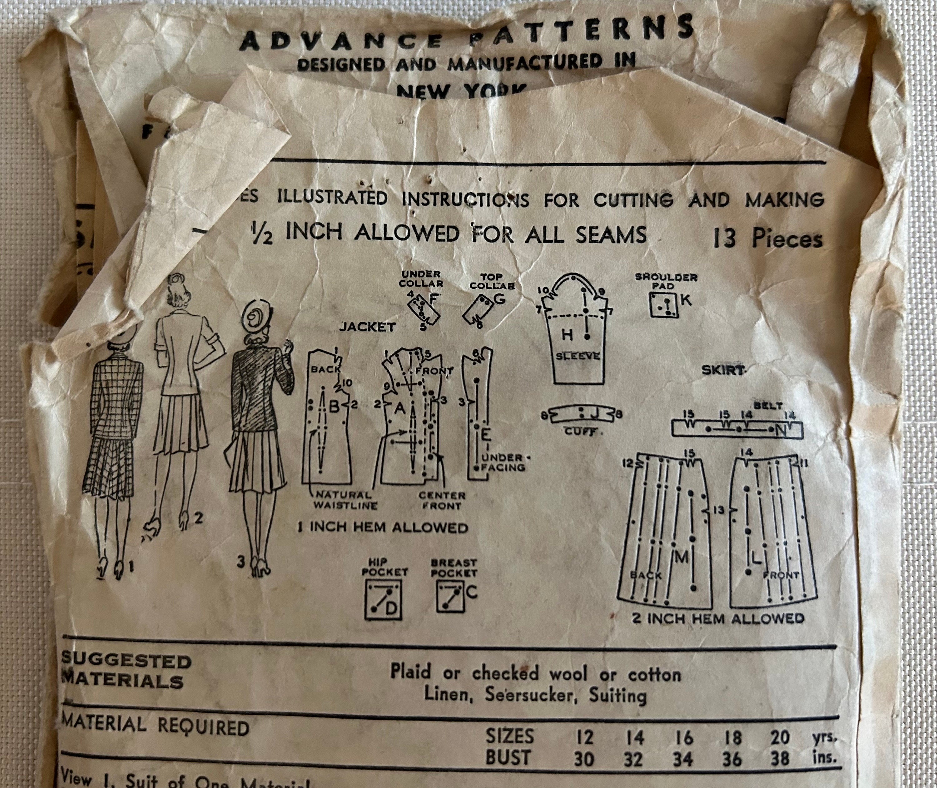 Vintage 1941 Advance Sewing Pattern 2886 Misses' Short of Long Sleeved ...