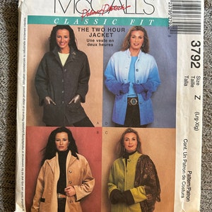 May include: A sewing pattern for a jacket, with the title "The Two Hour Jacket". The pattern is for sizes L to XL and includes instructions for making a jacket in three different styles. The pattern is from McCall's and is part of their Classic Fit line.