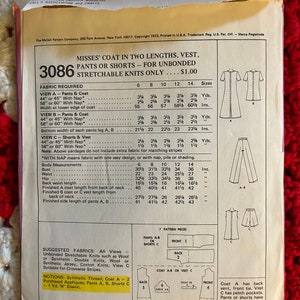 ヴィンテージ 1972年 McCall's 裁縫パターン 3086 ミセスコート 2 丈、ベスト、パンツまたはショーツ サイズ 12 バスト 34" 未カット 工場で折り畳んだ状態 画像 3