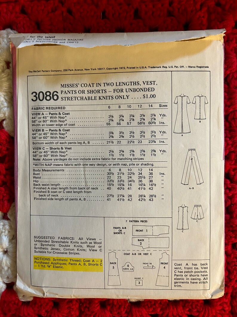 ヴィンテージ 1972年 McCall's 裁縫パターン 3086 ミセスコート 2 丈、ベスト、パンツまたはショーツ サイズ 12 バスト 34" 未カット 工場で折り畳んだ状態 画像 3