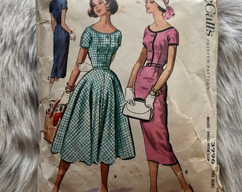 Vintage 1957 McCall's Sewing Pattern 3996 Misses' Dress with Slim or Full Skirt Size 16 Bust 36" Short Sleeves