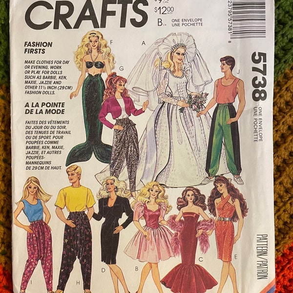 Vintage 1992 McCall's Crafts Sewing Pattern 5738 Fashion Doll 11.5" - 12.5" Tall Clothes BARBIE KEN ~ Wedding Dress, Mermaid + UNCUT