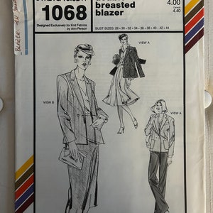 May include: A sewing pattern for a double breasted blazer. The pattern is for sizes 28 to 44. The pattern is from Stretch & Sew and is number 1068.