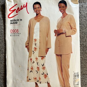 May include: Easy Stitch 'n Save sewing pattern by McCall's, pattern number 0908, for sizes B 18-20-22-24. The pattern shows two women wearing different versions of the same outfit, a long-sleeved cardigan and a skirt or pants.