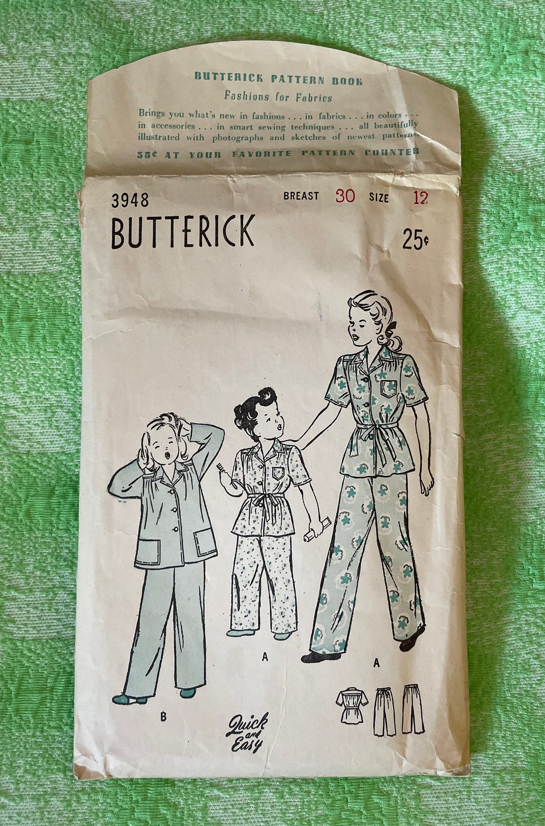 Vintage 1946 Butterick Sewing Pattern 3948 Girls' Two-piece Pajamas Pjs ...