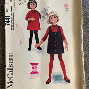 Vintage 1964 McCall&#39;s Sewing Pattern 7441 Child&#39;s Dress & Jumper Designed by Helen Lee Size 2 Breast 21”