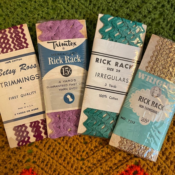 Vintage 1950's - 60's Rick Rack Trim Burgundy, Lavender, Gold or Teal OSS NEW in Package