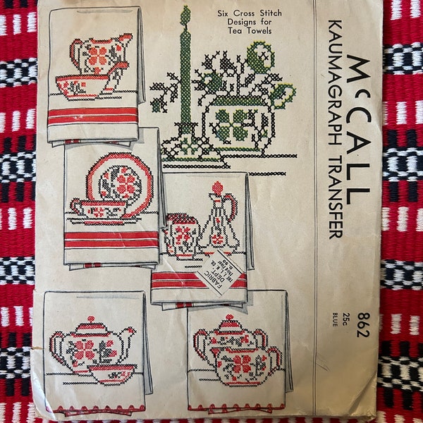 Vintage 1930's McCall Kaumagraph Kitchen Items Cross-Stitch Transfer Pattern 862 for Tea Towels Pitcher Teapot, Candlestick Bowl etc. UNUSED