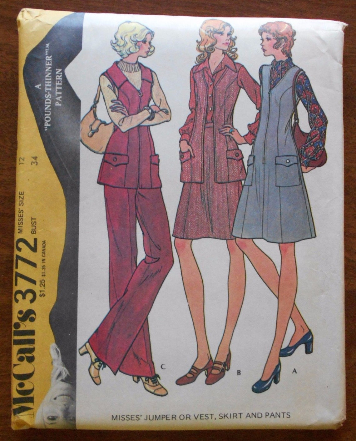 Vintage 1973 Mccall's Sewing Pattern 3772 Misses' pounds Thinner Jumper ...