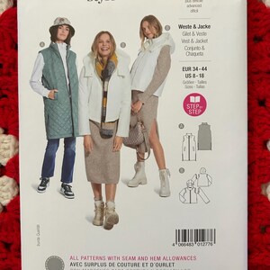 May include: Burda Style sewing pattern for a vest and jacket. The pattern is for sizes 34-44 EUR or 8-18 US. The pattern includes instructions for making a quilted vest, a white jacket with a hood, and a long, sleeveless vest. The pattern is labelled as "advanced" in difficulty.