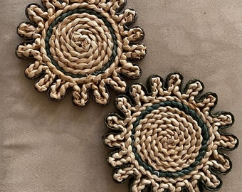 Set of 2 1970's Woven Rattan Wicker Flower Shaped Hot Pads Trivets ~ Dark Green Accents
