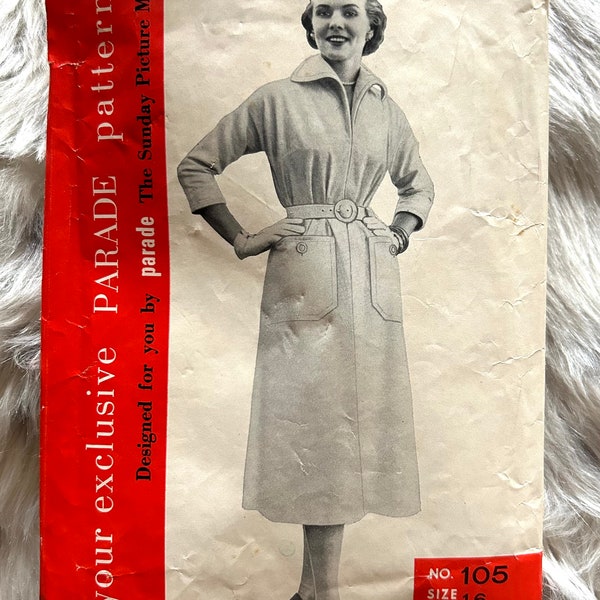 Vintage 1950's PARADE "The Sunday Picture Magazine" PATTERN 105 Misses' Coat Dress Size 16 Bust 34" Hips 37"