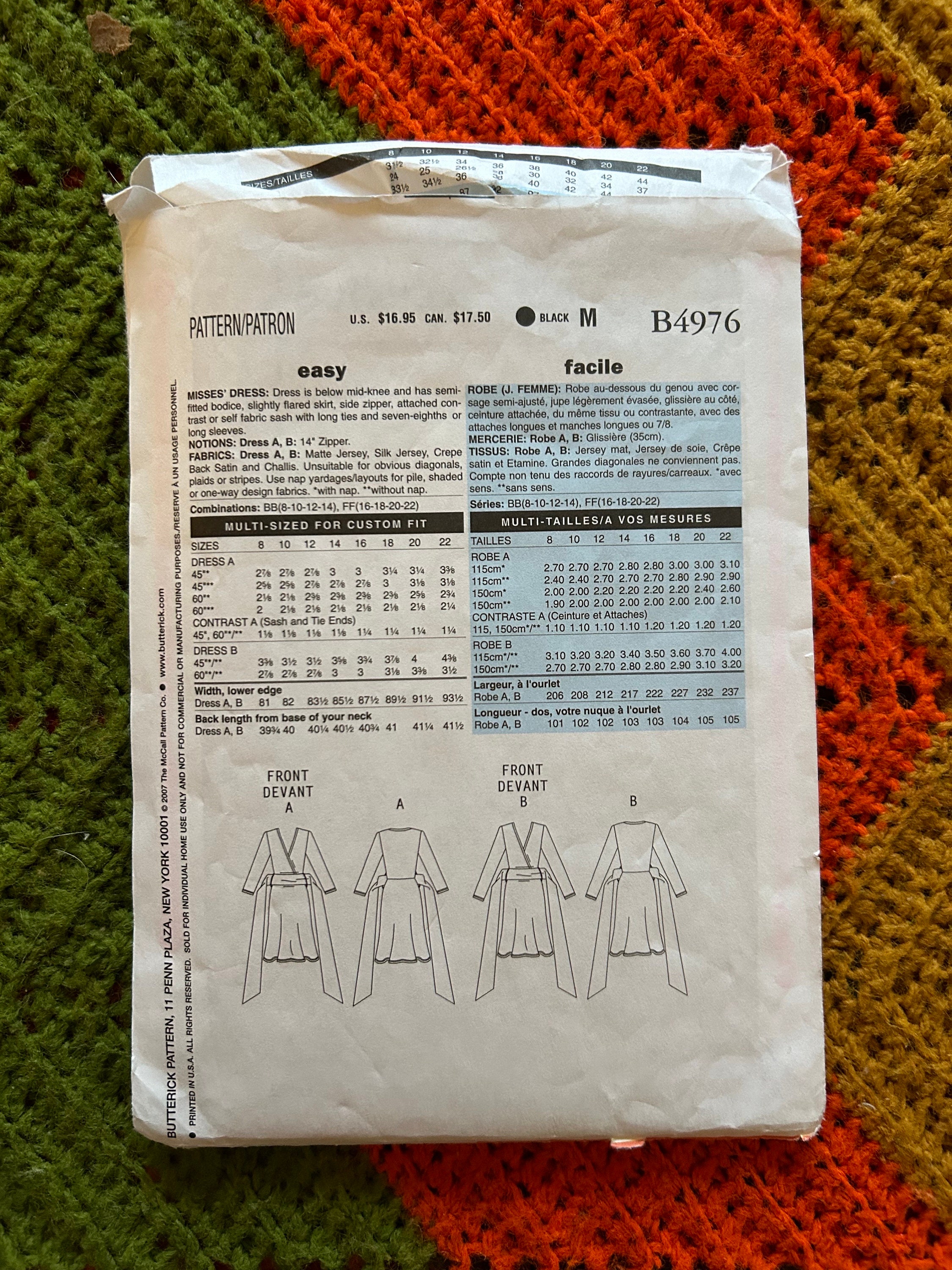 2007 Butterick Chetta B Sewing Pattern B4976 Misses’ Faux Wrap Dress ...