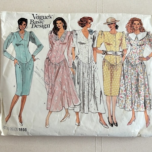 Vintage 1987 Vogue Basic Design Sewing Pattern 6485 Misses’ Dress in 2 Lengths with Neckline & Collar Variations Size 8-10-12