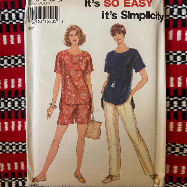 Vintage 1994 Simplicity 9032 Misses' Elastic Waist Pants or Shorts and Short Sleeved Top Size XS-S-M-L-XL UNCUT Factory Folded