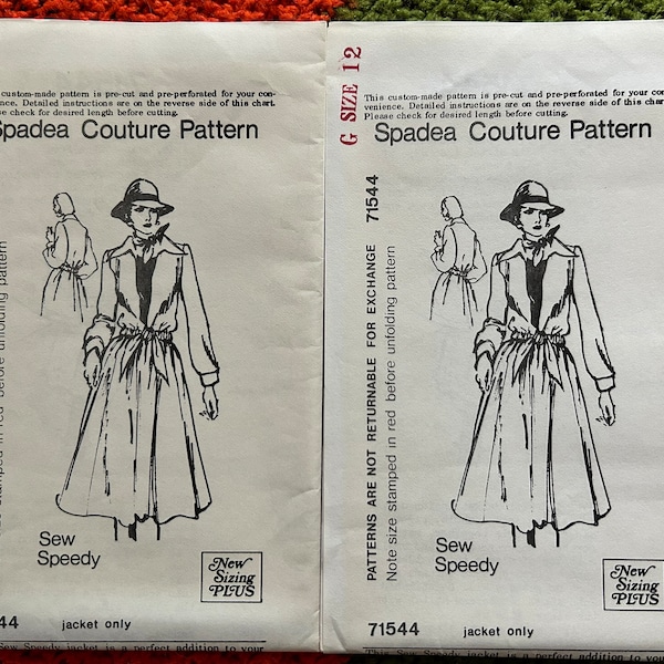 Vintage 1970's Spadea Couture Sewing Pattern 71544 Misses' Sew Speedy Jacket with Drawstring Waist Size 10 or 12 Available UNUSED
