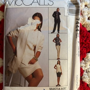May include: McCall's sewing pattern envelope for a women's jacket and skirt. The pattern number is 7444 and the size is F (16, 18, 20). The pattern is called "Easy Non-Stop Wardrobe" and features a "Select-A-Size" option.