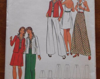 Vintage 1970's Butterick Sewing Pattern # 3156 Misses' Halter Top, Maxi or Mini Skirt, Wide Leg Pants, Jacket Sz 12 Boho Hippie UNCUT