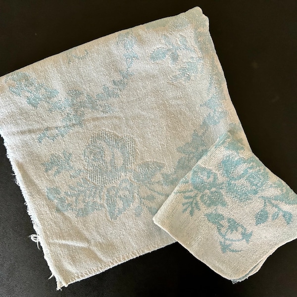 Vintage 1960's Blue & White Floral Towel and Washcloth Set Martex Terri-Down 100% Cotton