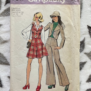 May include: Simplicity sewing pattern number 6511 for two sizes, 5/6 and 7/8, with a bust measurement of 28 or 29 inches. The pattern includes instructions for making a plaid skirt and vest with a white blouse, and a striped pantsuit with a green turtleneck.