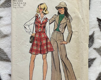 Vintage 1974 Simplicity Pattern 6511 Young Junior/Teens Unlined Jacket or Vest, Bell Bottom Pants and Mini Skirt Sizes 5/6 and 7/8