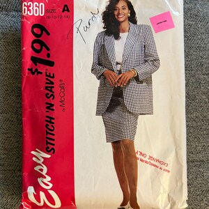 May include: A McCall's Easy Stitch 'n Save sewing pattern for a black and white gingham skirt and jacket set. The pattern number is 6360, size A (8-10-12-14).
