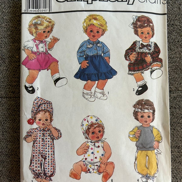 Vintage 1987 Simplicity Sewing Pattern 8376 Wardrobe for Baby Dolls in 3 Sizes 13”-14”, 15”-16”, Large 17”-18” Tiny Tears