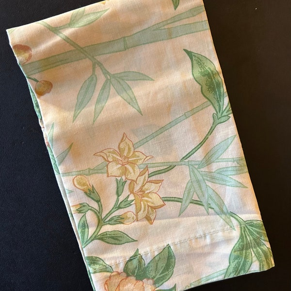 Vintage 1970's/80's BIBB Pillowcase with Peach, Yellow and Green Asian Inspired Floral Design ~ Vintage Bedding Granny Chic Made in USA