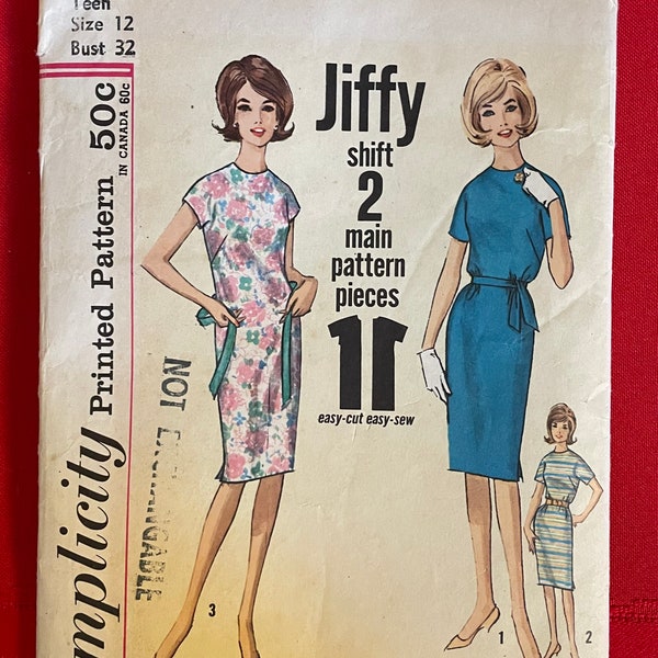 Vintage Early 1960's Simplicity Sewing Pattern 4919 Teen One Piece Jiffy Dress Size 12 Bust 32" Wiggle Dress Kimono Sleeves Mad Men