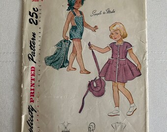 Vintage 1949 Simplicity Sewing Pattern 2890 Child’s Playsuit, Dress & Bonnet Size 2 or 4 Breast 23" Waist 21”