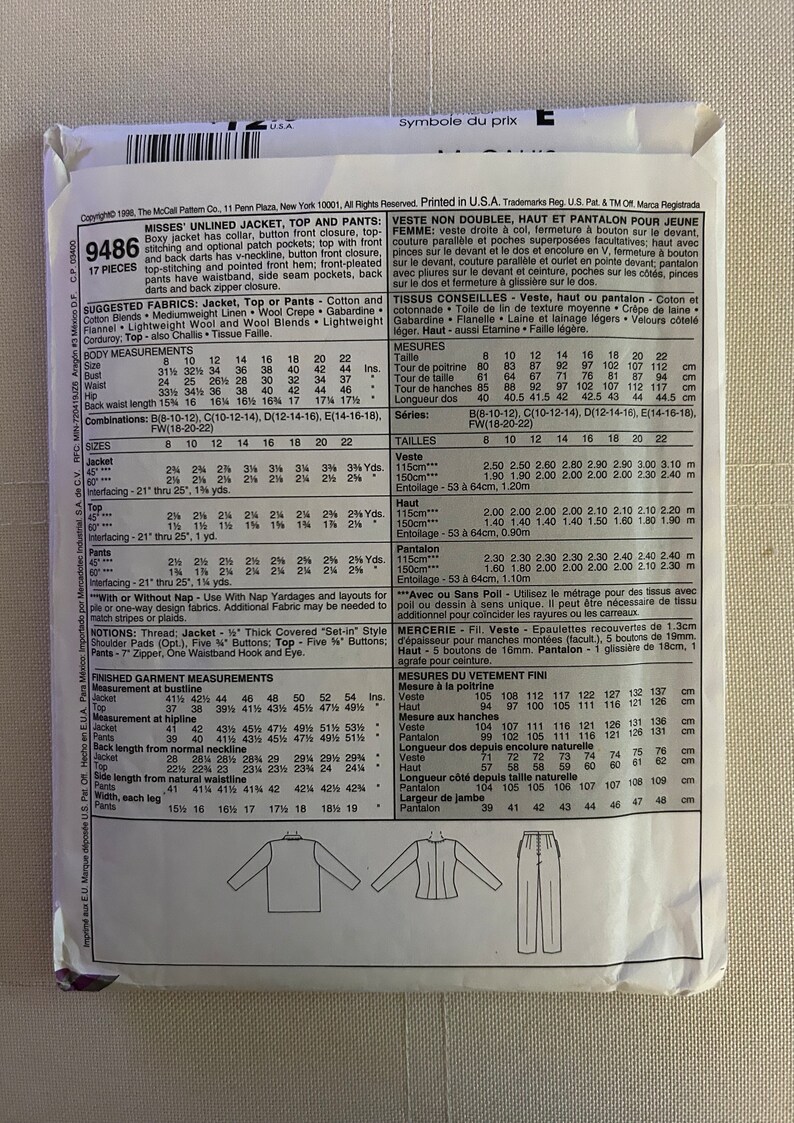 Vintage 1998 Easy Mccall's Sewing Pattern 9486 Misses' Oversized ...