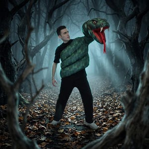 May include: A plush green snake costume wrapped around the torso, featuring a large head with an open mouth, white fangs, and a red tongue. The costume is worn over a plain black short-sleeved shirt and black pants, creating a full-body ensemble.