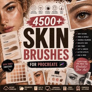 Op de afbeelding: Een digitale productadvertentie voor 4500+ huidpenselen voor Procreate. De afbeelding bevat close-up fotografie van menselijke huid, stalen van huidtinten, textuurvoorbeelden en tekst met details over functies zoals realistische huid en poriën.