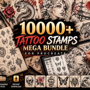 Puede incluir: Una colección digital de 10000+ sellos de tatuajes para Procreate con ilustraciones en blanco y negro de calaveras, dragones, flores, mariposas, tigres y arquitectura japonesa tradicional, mostrados en tabletas y hojas de papel.