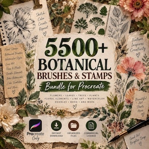 May include: A digital product bundle for Procreate featuring 5500+ botanical brushes and stamps. The design includes text, floral illustrations, tree silhouettes, and leaf drawings on textured paper, with icons for download, files, and license.