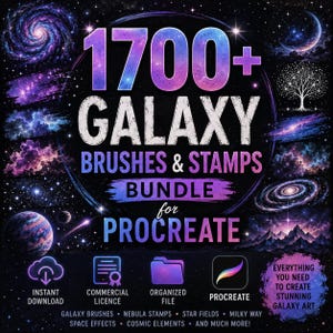 May include: A digital bundle of 1700+ galaxy brushes and stamps for Procreate, featuring cosmic imagery like nebulae, planets, and star fields. The text reads 1700+ GALAXY BRUSHES & STAMPS BUNDLE for PROCREATE, with icons for instant download and license.