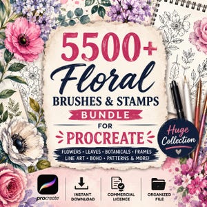 Könnte beinhalten: Ein digitales Paket für Procreate mit über 5500 Blumenpinseln und Stempeln. Das Design zeigt rosa und violette Blüten, botanische Strichzeichnungen und den Text 5500+ Floral BRUSHES & STAMPS BUNDLE FOR PROCREATE sowie Symbole für Download und Lizenz.